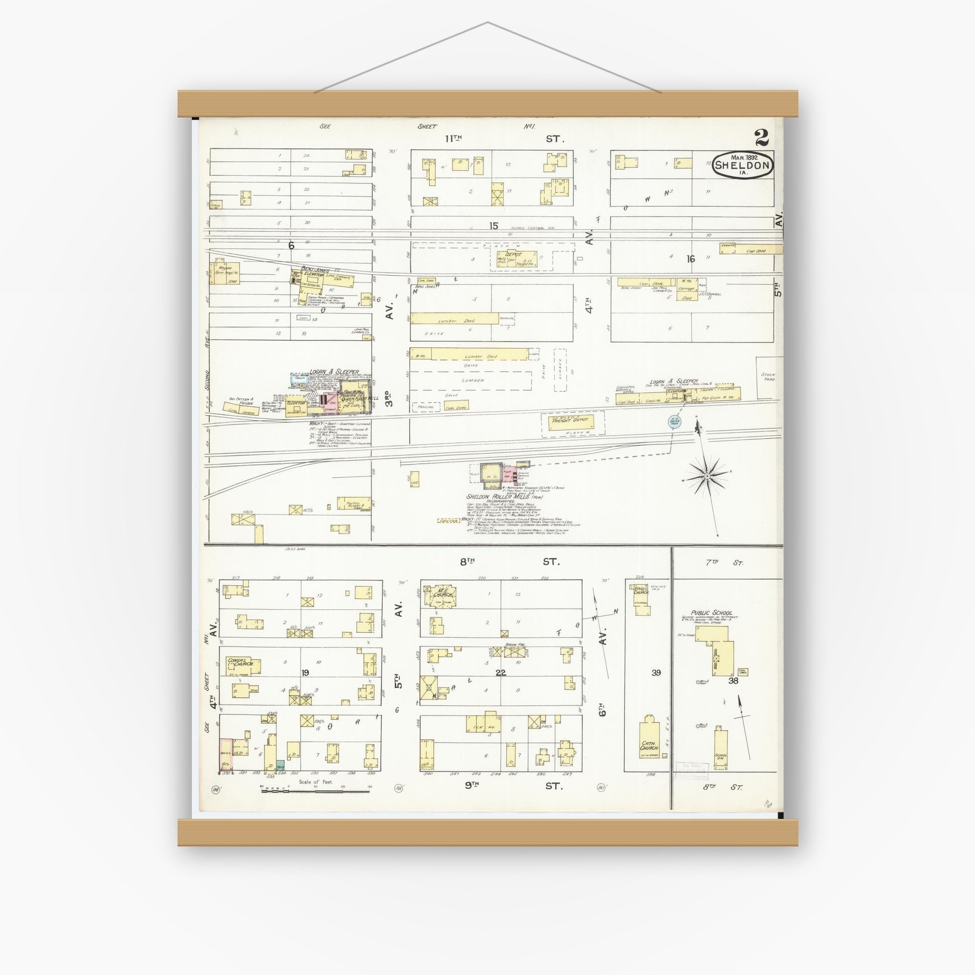 Old map wall art mockup — magnetic wood frame on white wall — Sanborn Fire Insurance Map from Sheldon, O'Brien County, Iowa (1892), Sheet #0002