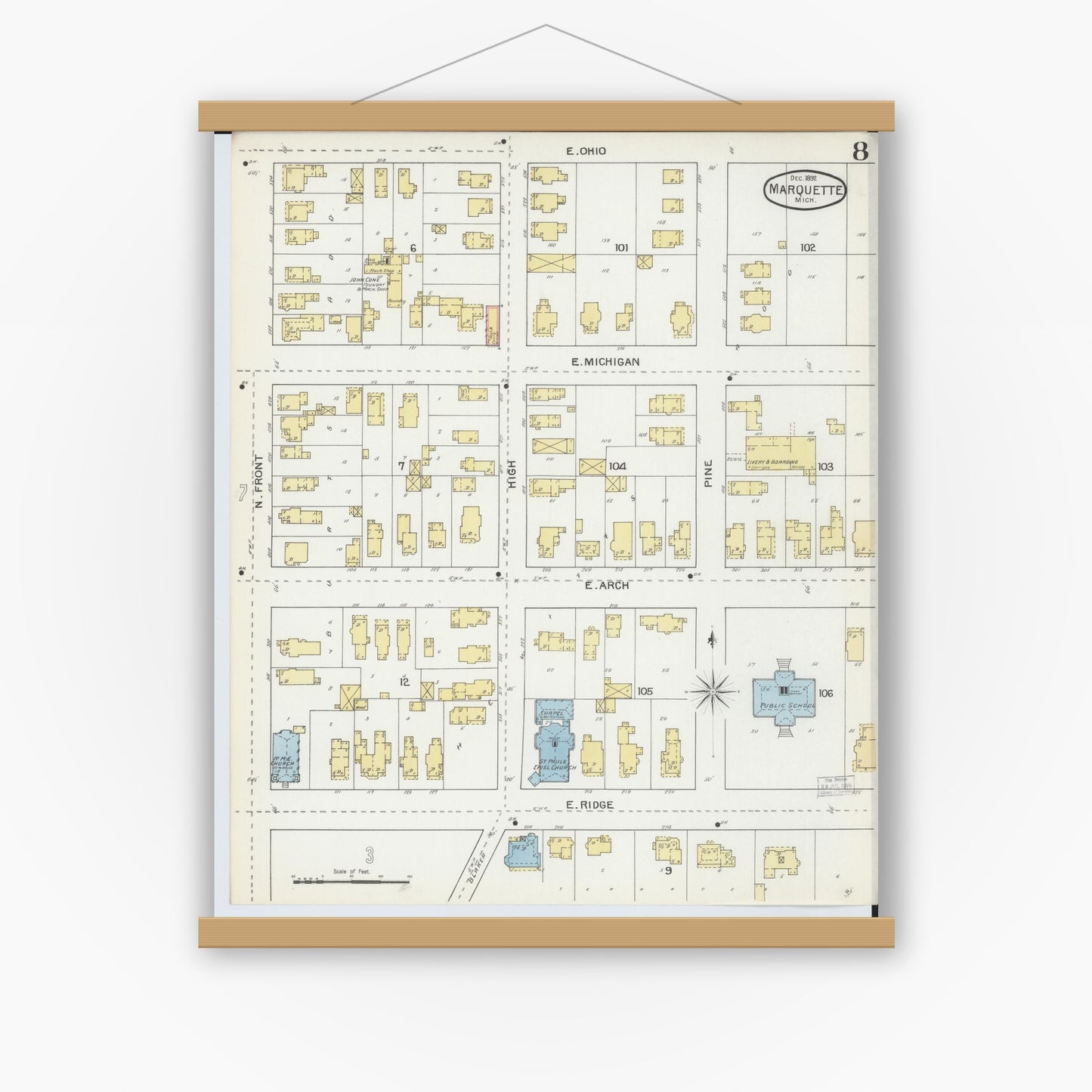 Old map wall art mockup — magnetic wood frame on white wall — Sanborn Fire Insurance Map from Marquette, Marquette County, Michigan (1892), Sheet #0008