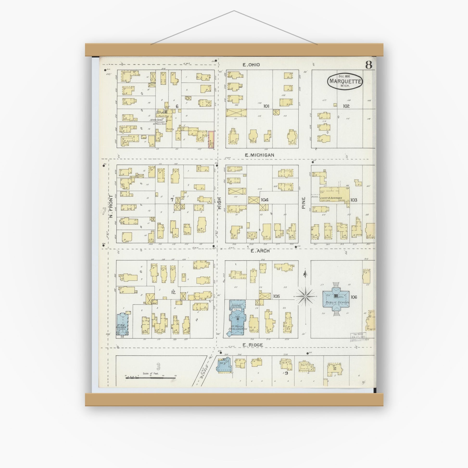 Old map wall art mockup — magnetic wood frame on white wall — Sanborn Fire Insurance Map from Marquette, Marquette County, Michigan (1892), Sheet #0008