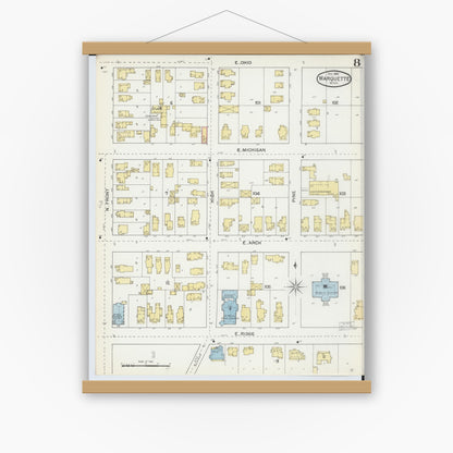 Old map wall art mockup — magnetic wood frame on white wall — Sanborn Fire Insurance Map from Marquette, Marquette County, Michigan (1892), Sheet #0008