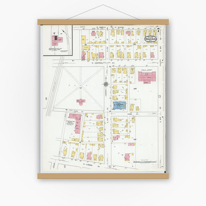 Old map wall art mockup — magnetic wood frame on white wall — Sanborn Fire Insurance Map from Miamisburg, Montgomery County, Ohio (1919), Sheet #0007