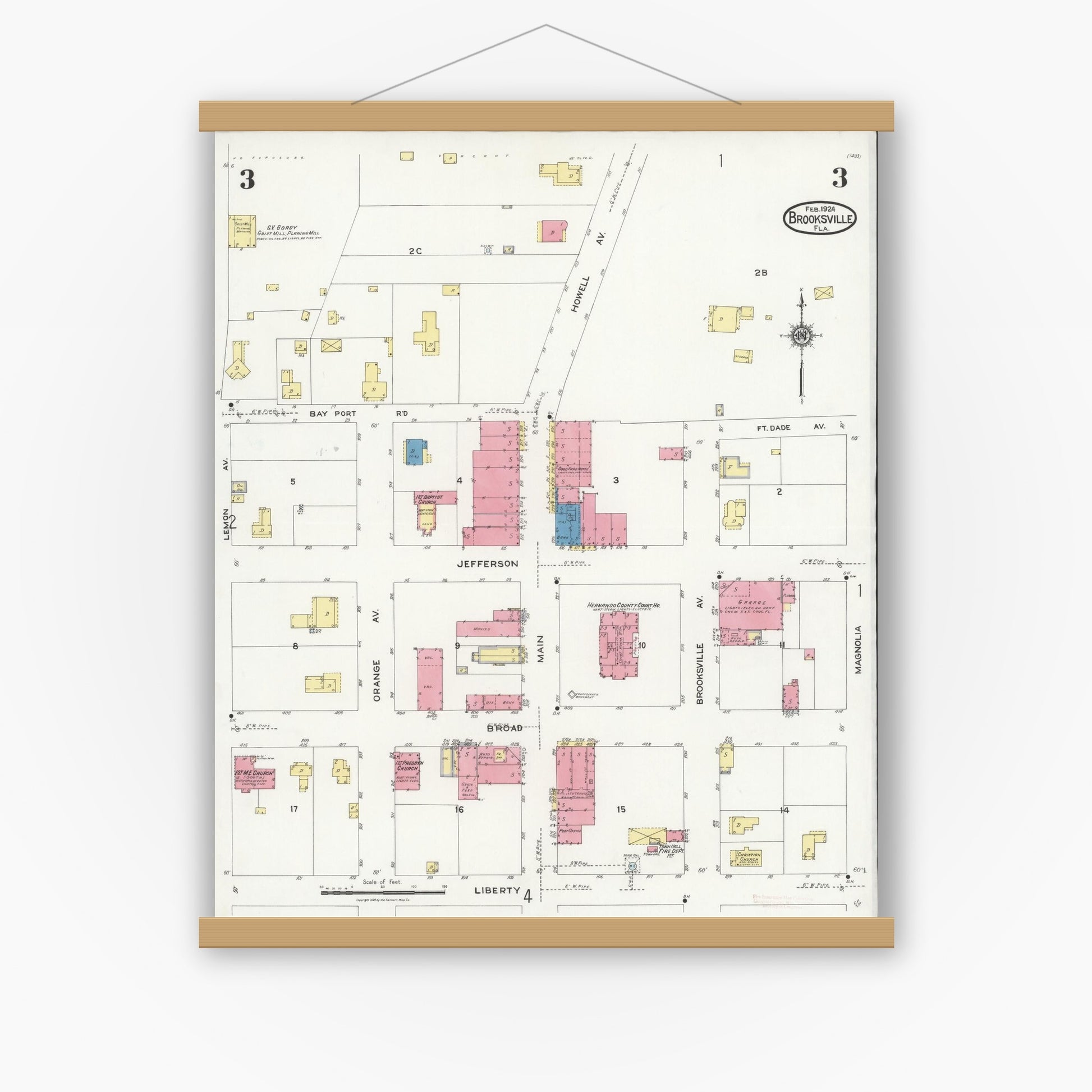 Old map wall art mockup — magnetic wood frame on white wall — Sanborn Fire Insurance Map from Brooksville, Hernando County, Florida (1924), Sheet #0003