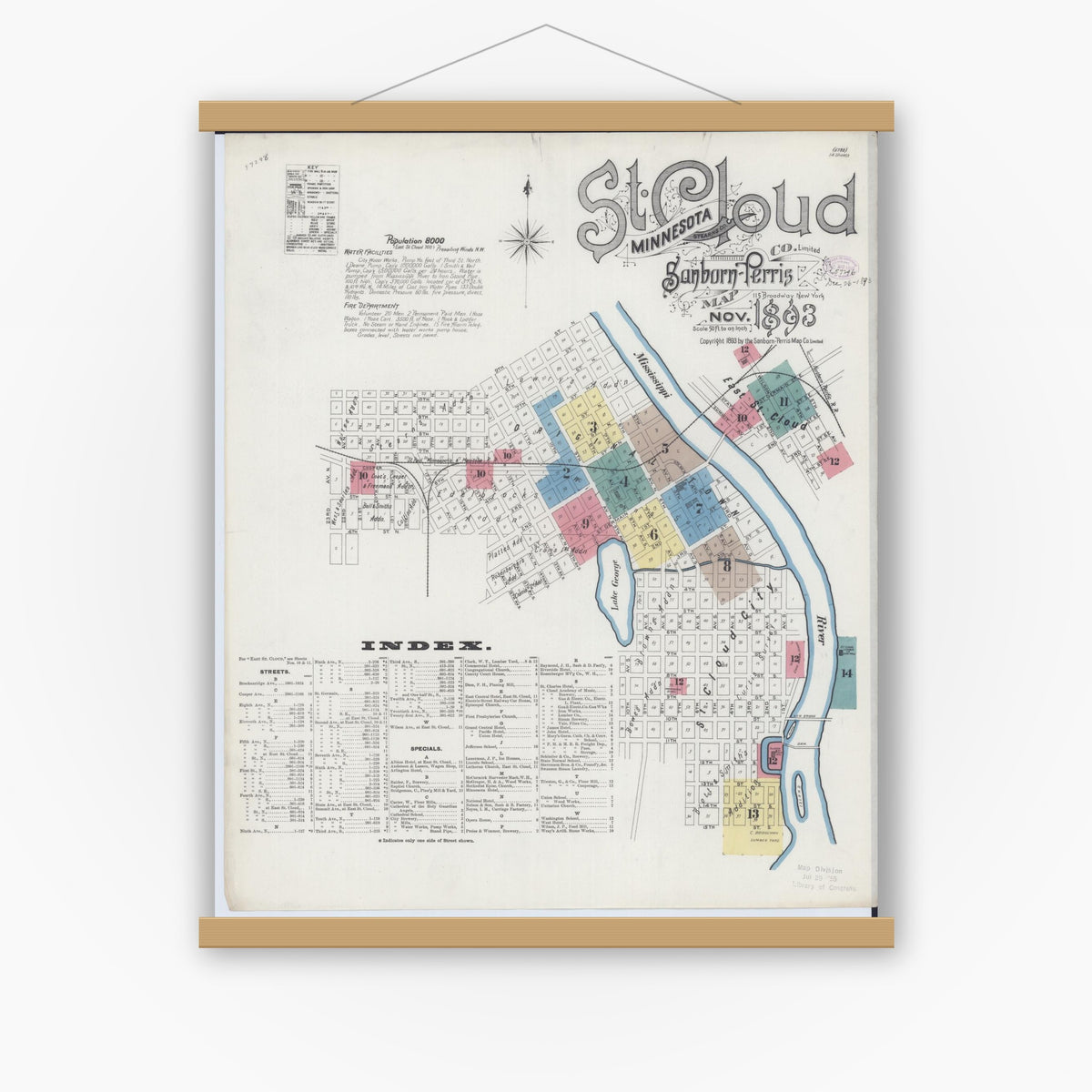 Old map wall art mockup — magnetic wood frame on white wall — Sanborn Fire Insurance Map from Saint Cloud, Stearns, Benton, and Sherburne Counties, Minnesota (1893), Sheet #0001