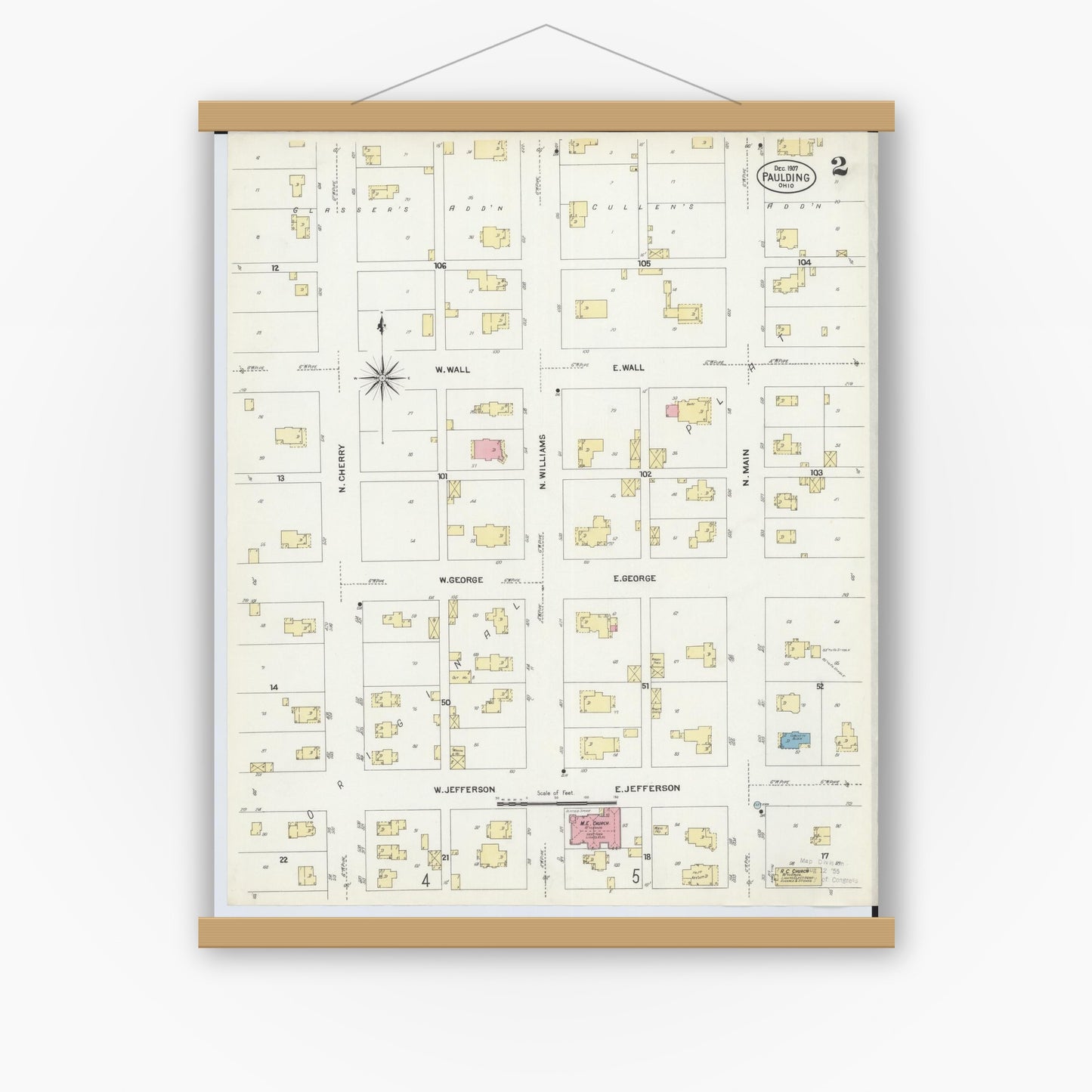 Old map wall art mockup — magnetic wood frame on white wall — Sanborn Fire Insurance Map from Paulding, Paulding County, Ohio (1907), Sheet #0002
