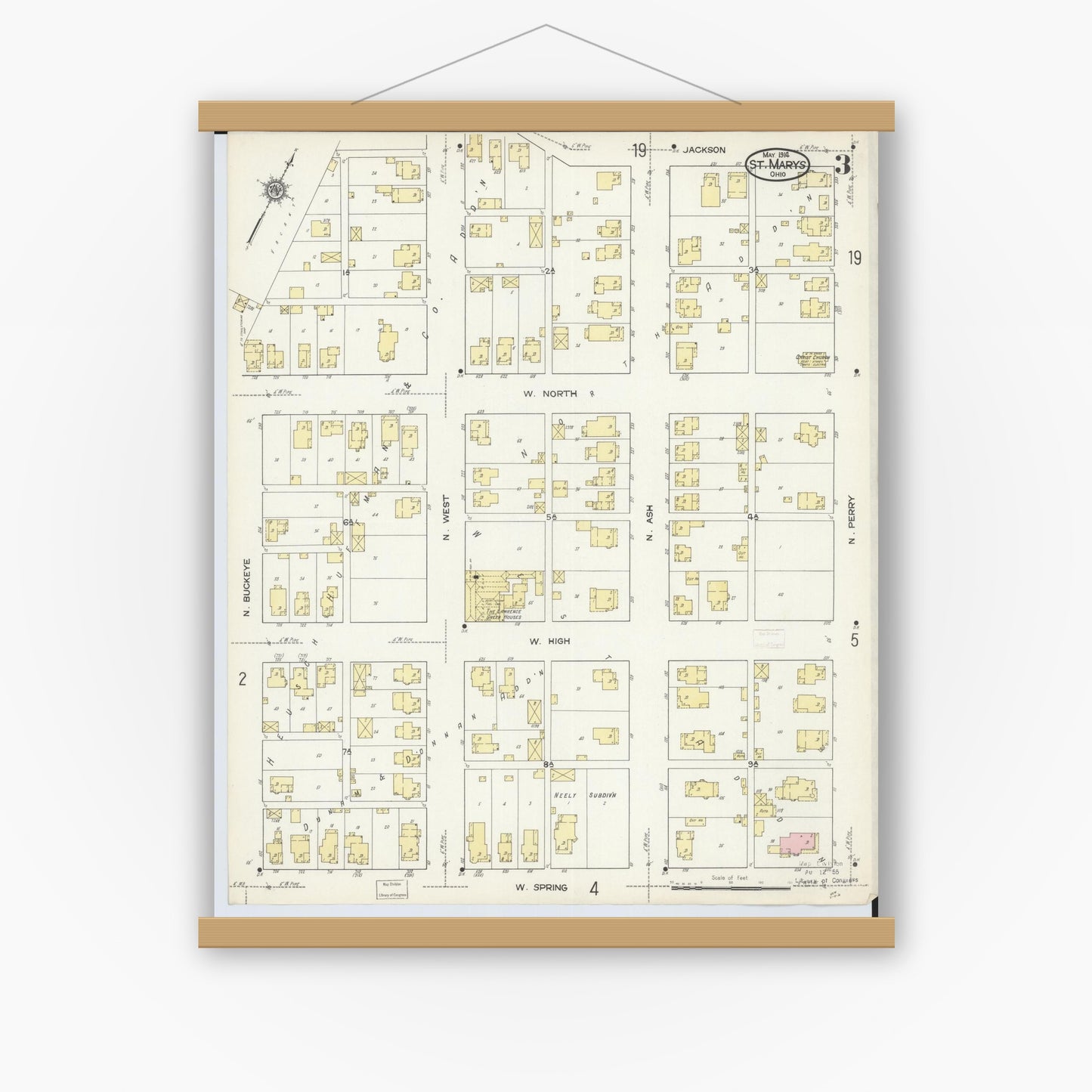 Old map wall art mockup — magnetic wood frame on white wall — Sanborn Fire Insurance Map from Saint Marys, Auglaize County, Ohio (1914), Sheet #0003