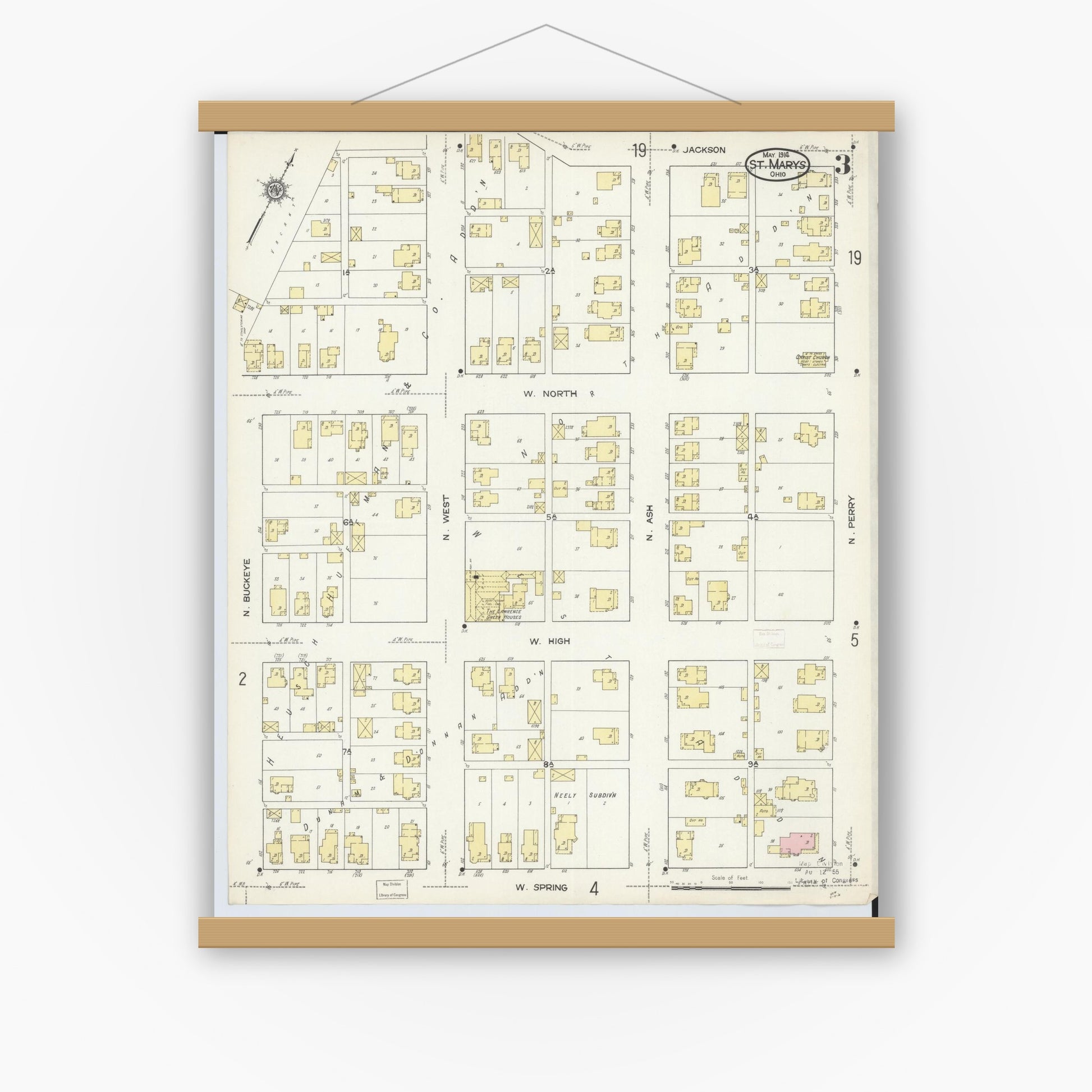 Old map wall art mockup — magnetic wood frame on white wall — Sanborn Fire Insurance Map from Saint Marys, Auglaize County, Ohio (1914), Sheet #0003