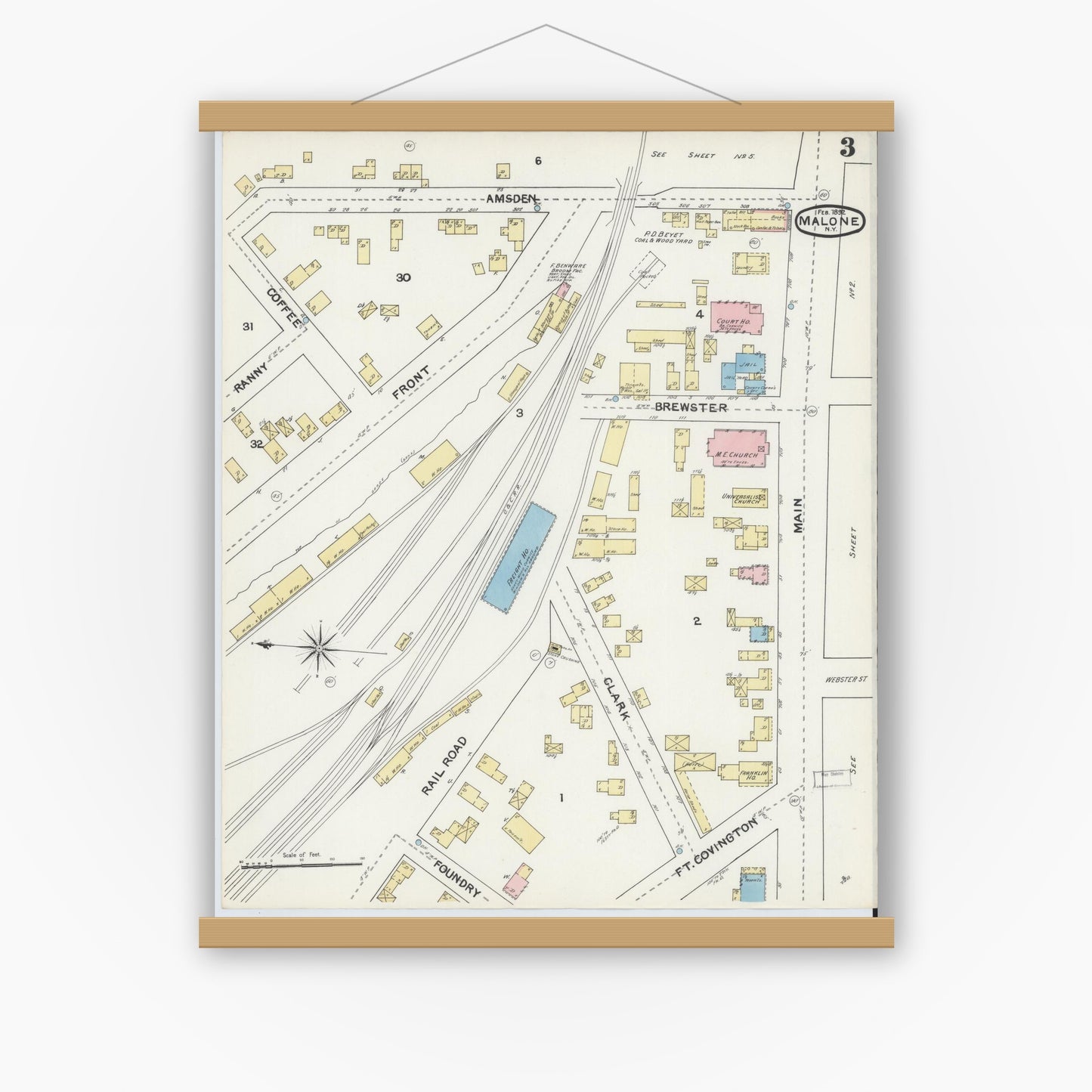Old map wall art mockup — magnetic wood frame on white wall — Sanborn Fire Insurance Map from Malone, Franklin County, New York (1892), Sheet #0003