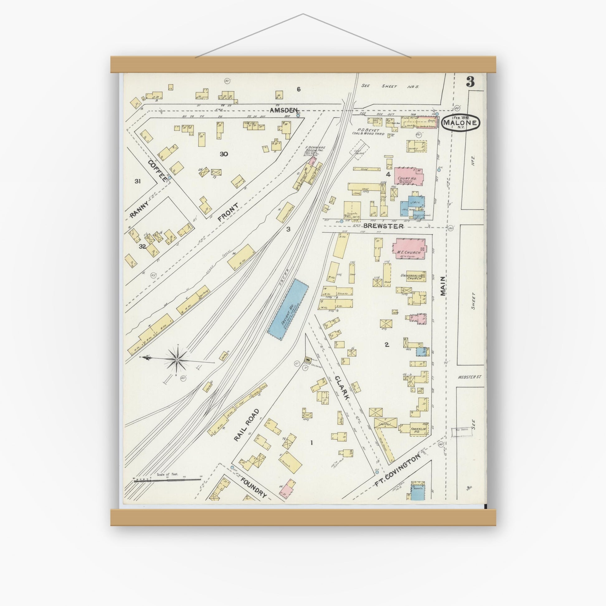 Old map wall art mockup — magnetic wood frame on white wall — Sanborn Fire Insurance Map from Malone, Franklin County, New York (1892), Sheet #0003