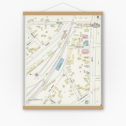 Old map wall art mockup — magnetic wood frame on white wall — Sanborn Fire Insurance Map from Malone, Franklin County, New York (1892), Sheet #0003