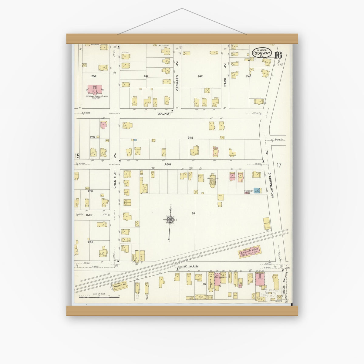 Old map wall art mockup — magnetic wood frame on white wall — Sanborn Fire Insurance Map from Ridgway, Elk County, Pennsylvania (1915), Sheet #0016