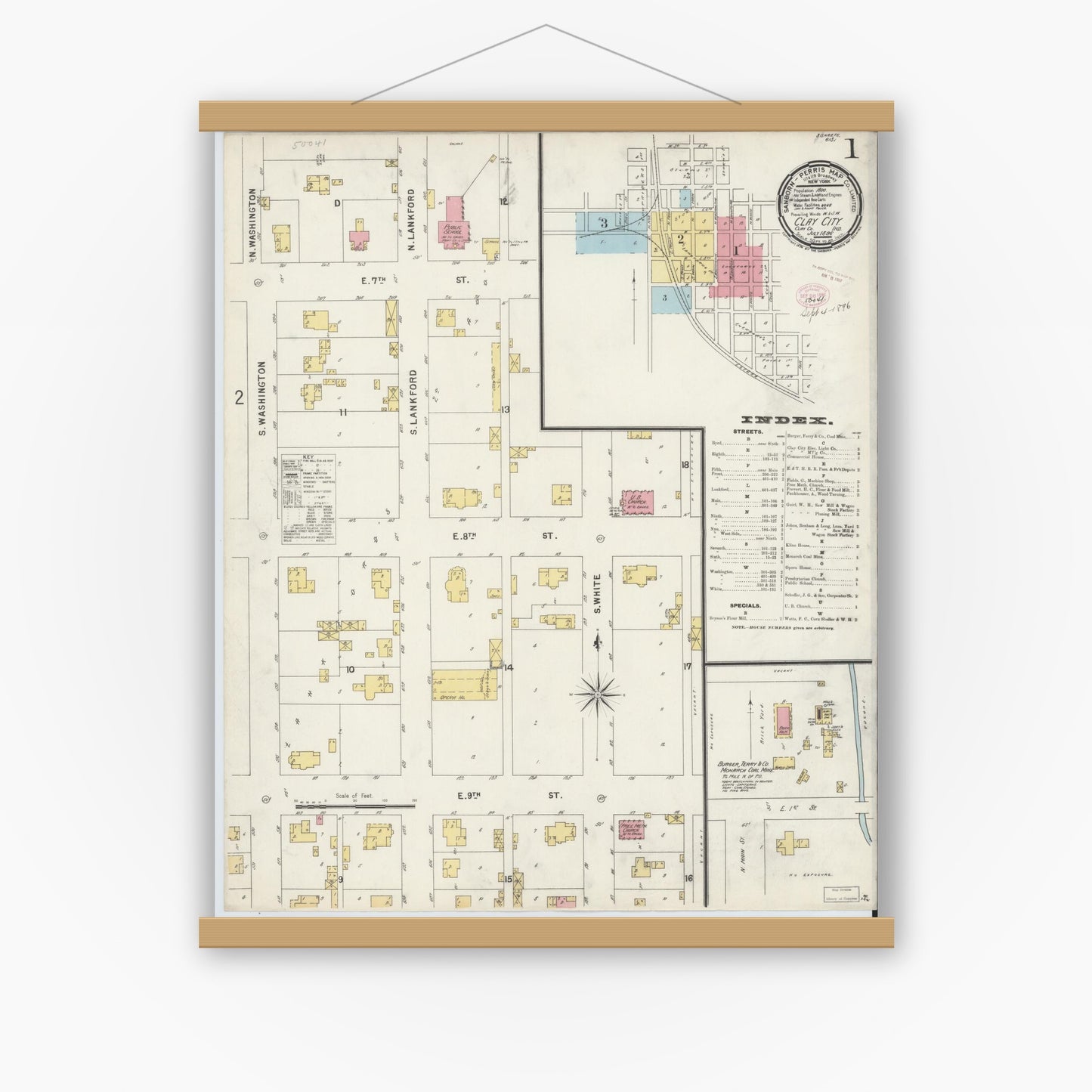 Old map wall art mockup — magnetic wood frame on white wall — Sanborn Fire Insurance Map from Clay City, Clay County, Indiana (1896) - Complete Map Set