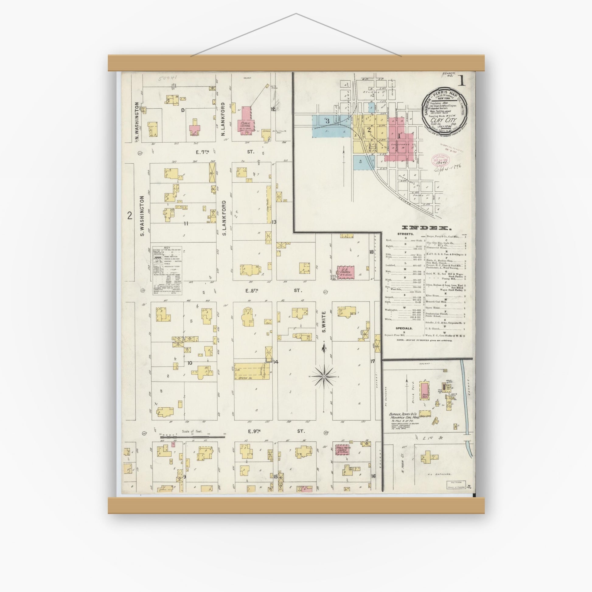 Old map wall art mockup — magnetic wood frame on white wall — Sanborn Fire Insurance Map from Clay City, Clay County, Indiana (1896) - Complete Map Set