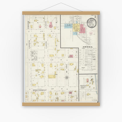 Old map wall art mockup — magnetic wood frame on white wall — Sanborn Fire Insurance Map from Clay City, Clay County, Indiana (1896) - Complete Map Set