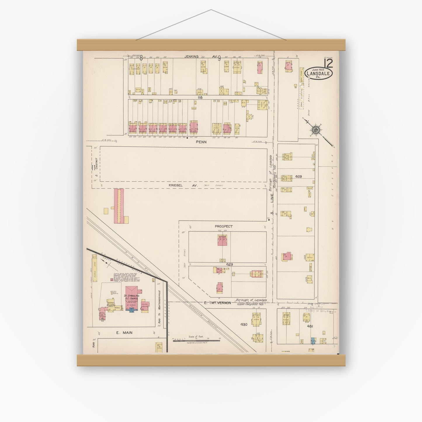 Old map wall art mockup — magnetic wood frame on white wall — Sanborn Fire Insurance Map from Lansdale, Montgomery County, Pennsylvania (1922), Sheet #0012