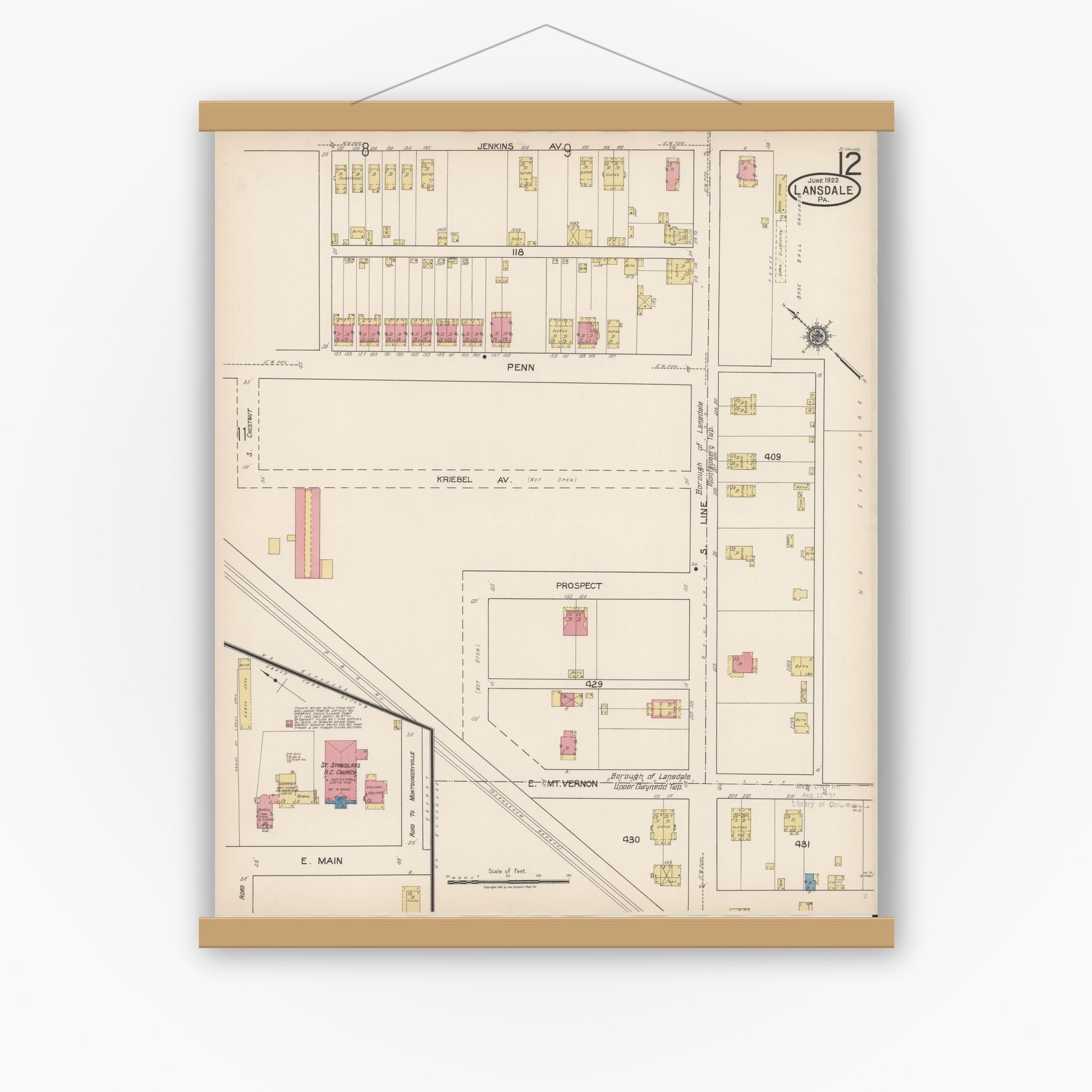 Old map wall art mockup — magnetic wood frame on white wall — Sanborn Fire Insurance Map from Lansdale, Montgomery County, Pennsylvania (1922), Sheet #0012
