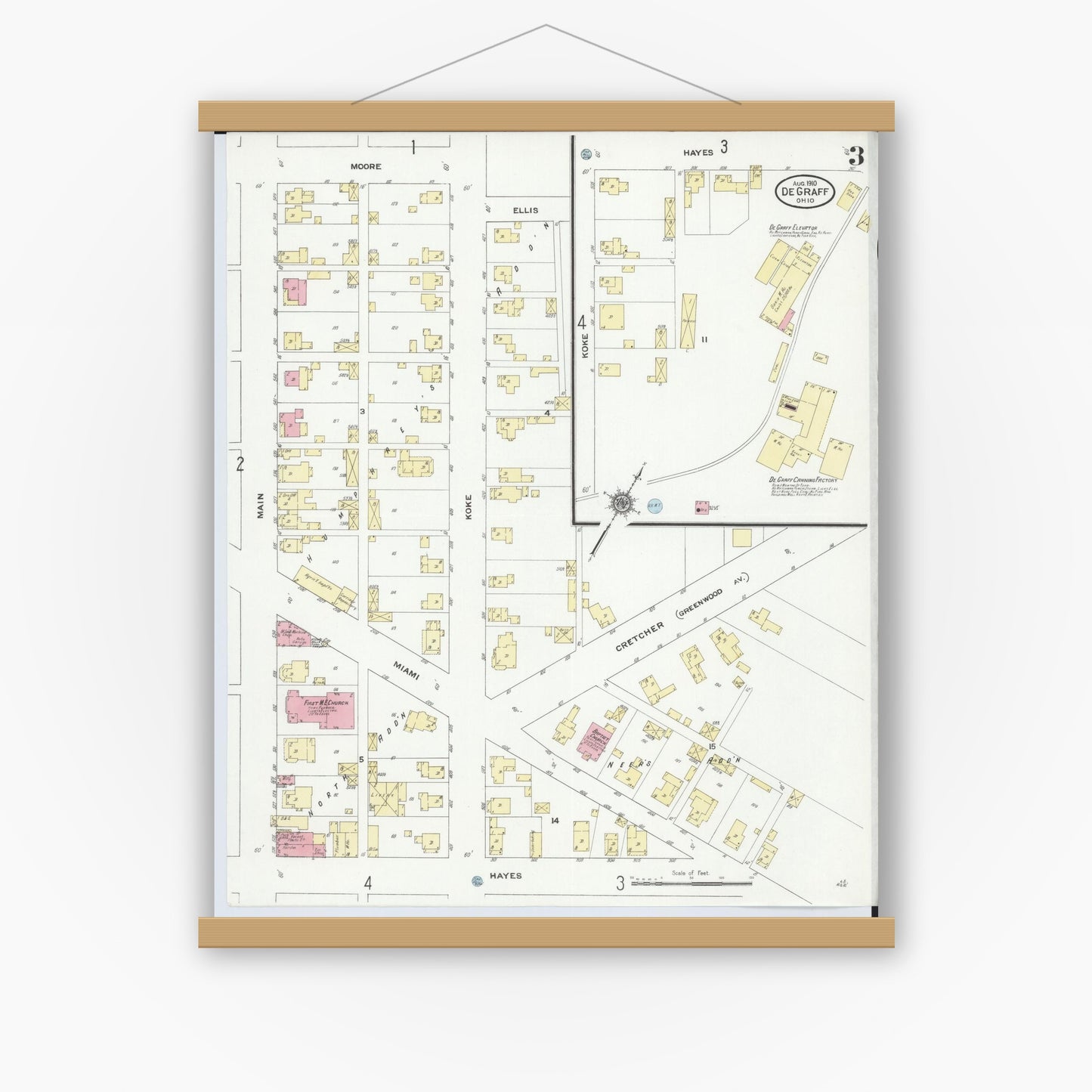 Old map wall art mockup — magnetic wood frame on white wall — Sanborn Fire Insurance Map from Degraff, Logan County, Ohio (1910), Sheet #0003
