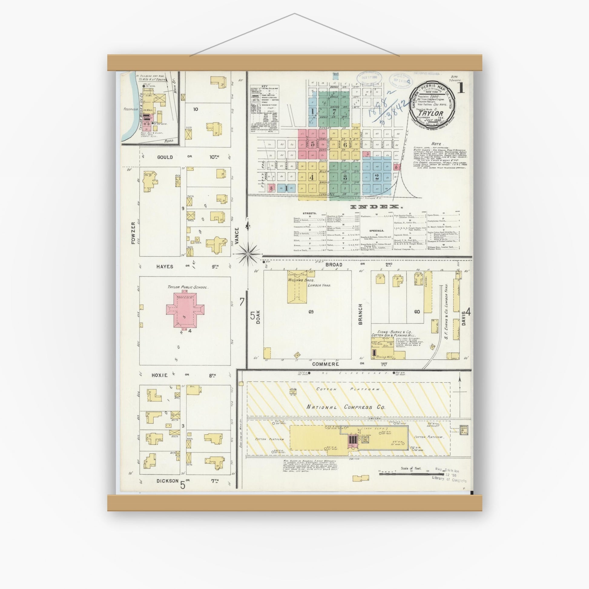 Old map wall art mockup — magnetic wood frame on white wall — Sanborn Fire Insurance Map from Taylor, Williamson County, Texas (1898), Sheet #0001