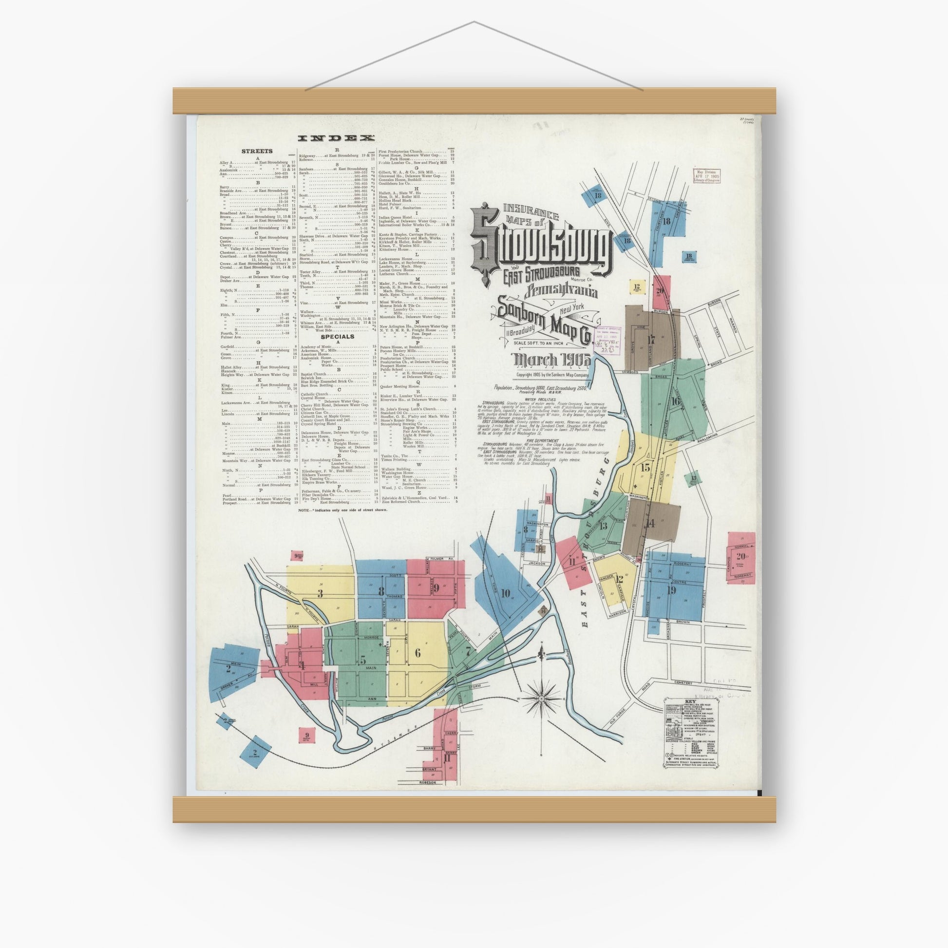 Old map wall art mockup — magnetic wood frame on white wall — Sanborn Fire Insurance Map from Stroudsburg, Monroe County, Pennsylvania (1905), Sheet #0001