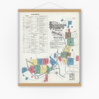 Old map wall art mockup — magnetic wood frame on white wall — Sanborn Fire Insurance Map from Stroudsburg, Monroe County, Pennsylvania (1905), Sheet #0001