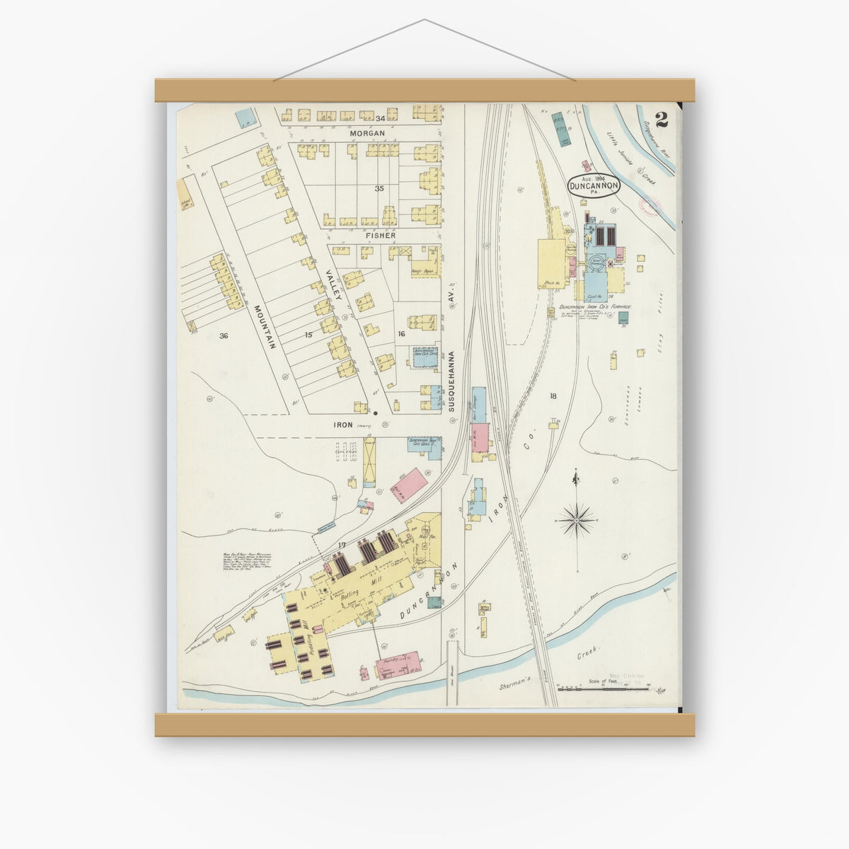 Old map wall art mockup — magnetic wood frame on white wall — Sanborn Fire Insurance Map from Duncannon, Perry County, Pennsylvania (1894), Sheet #0002