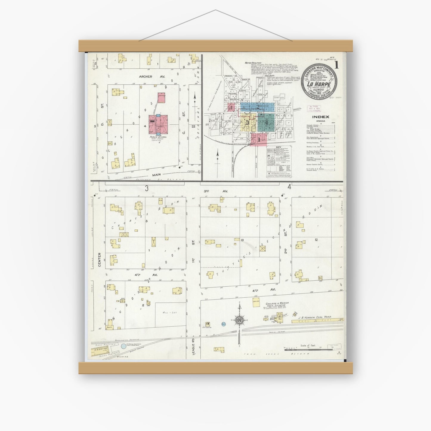 Old map wall art mockup — magnetic wood frame on white wall — Sanborn Fire Insurance Map from La Harpe, Hancock County, Illinois (1912), Sheet #0001