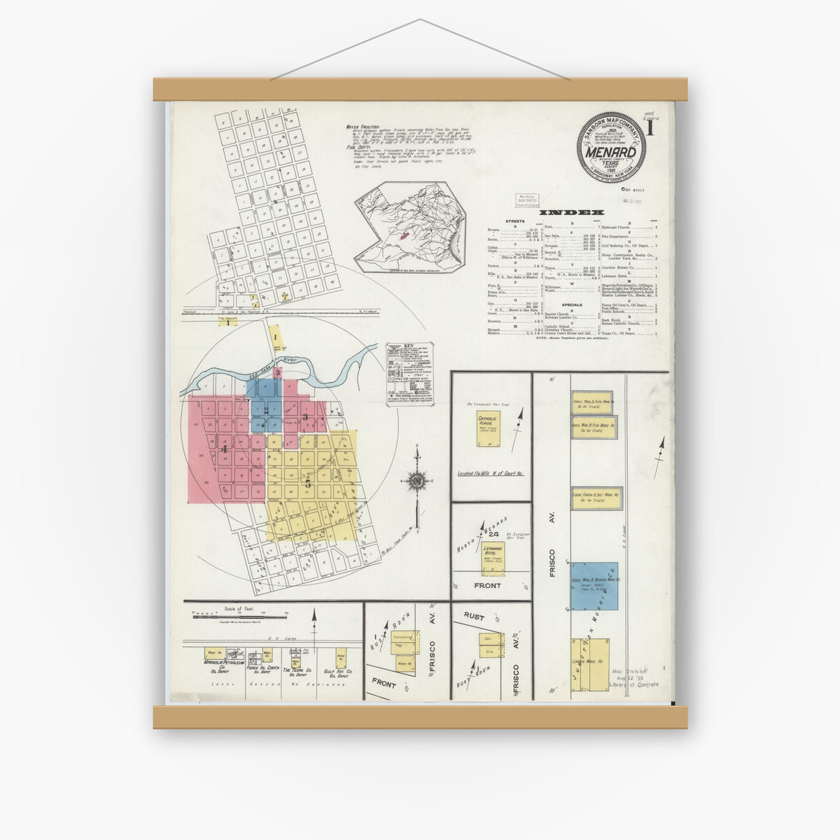 Old map wall art mockup — magnetic wood frame on white wall — Sanborn Fire Insurance Map from Menard, Menard County, Texas (1921) - Complete Map Set