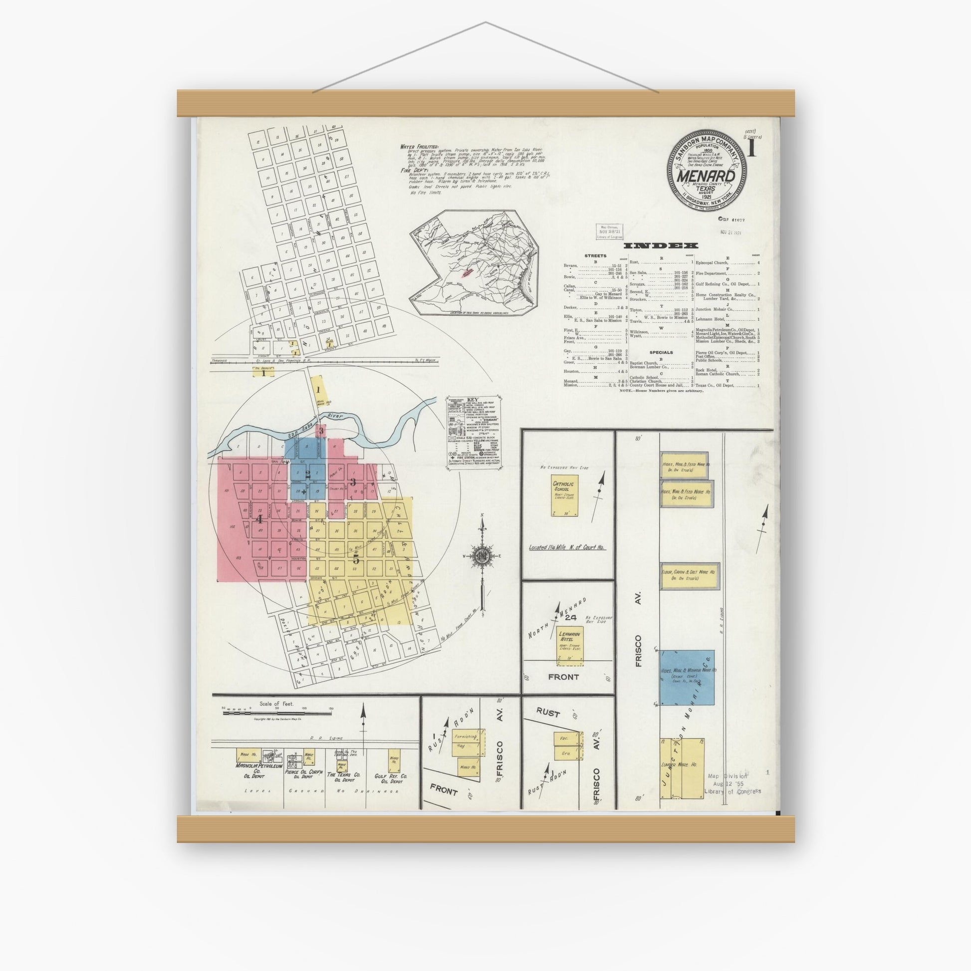 Old map wall art mockup — magnetic wood frame on white wall — Sanborn Fire Insurance Map from Menard, Menard County, Texas (1921) - Complete Map Set