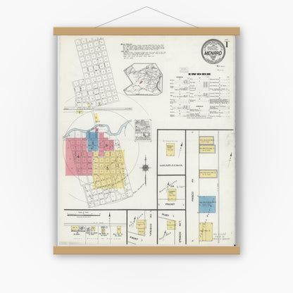 Old map wall art mockup — magnetic wood frame on white wall — Sanborn Fire Insurance Map from Menard, Menard County, Texas (1921) - Complete Map Set