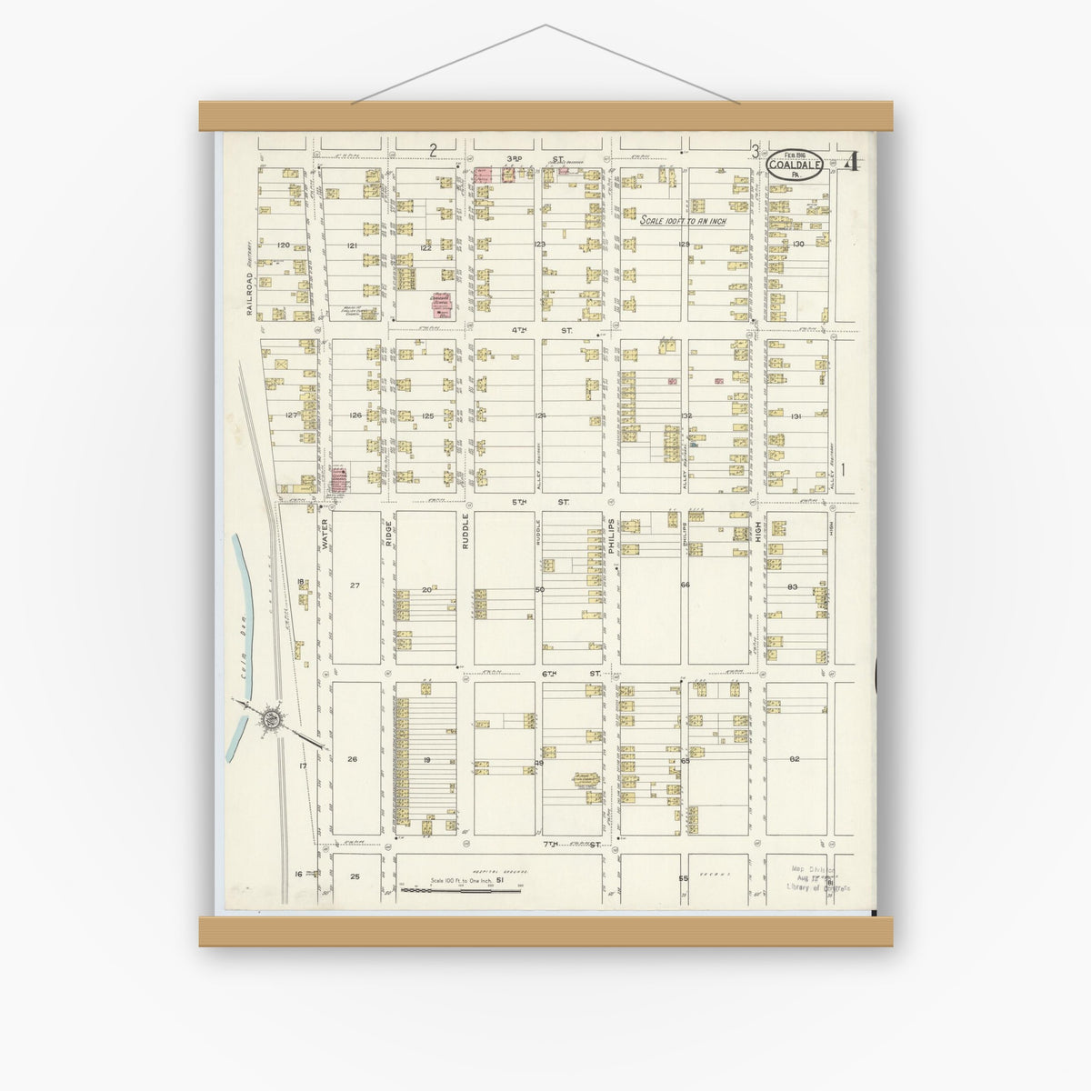 Old map wall art mockup — magnetic wood frame on white wall — Sanborn Fire Insurance Map from Coaldale, Schuylkill County, Pennsylvania (1916), Sheet #0004