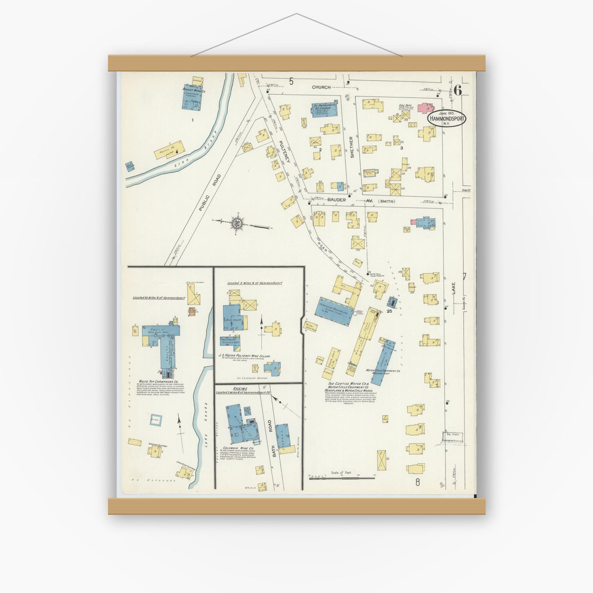 Old map wall art mockup — magnetic wood frame on white wall — Sanborn Fire Insurance Map from Hammondsport, Steuben County, New York (1913), Sheet #0006