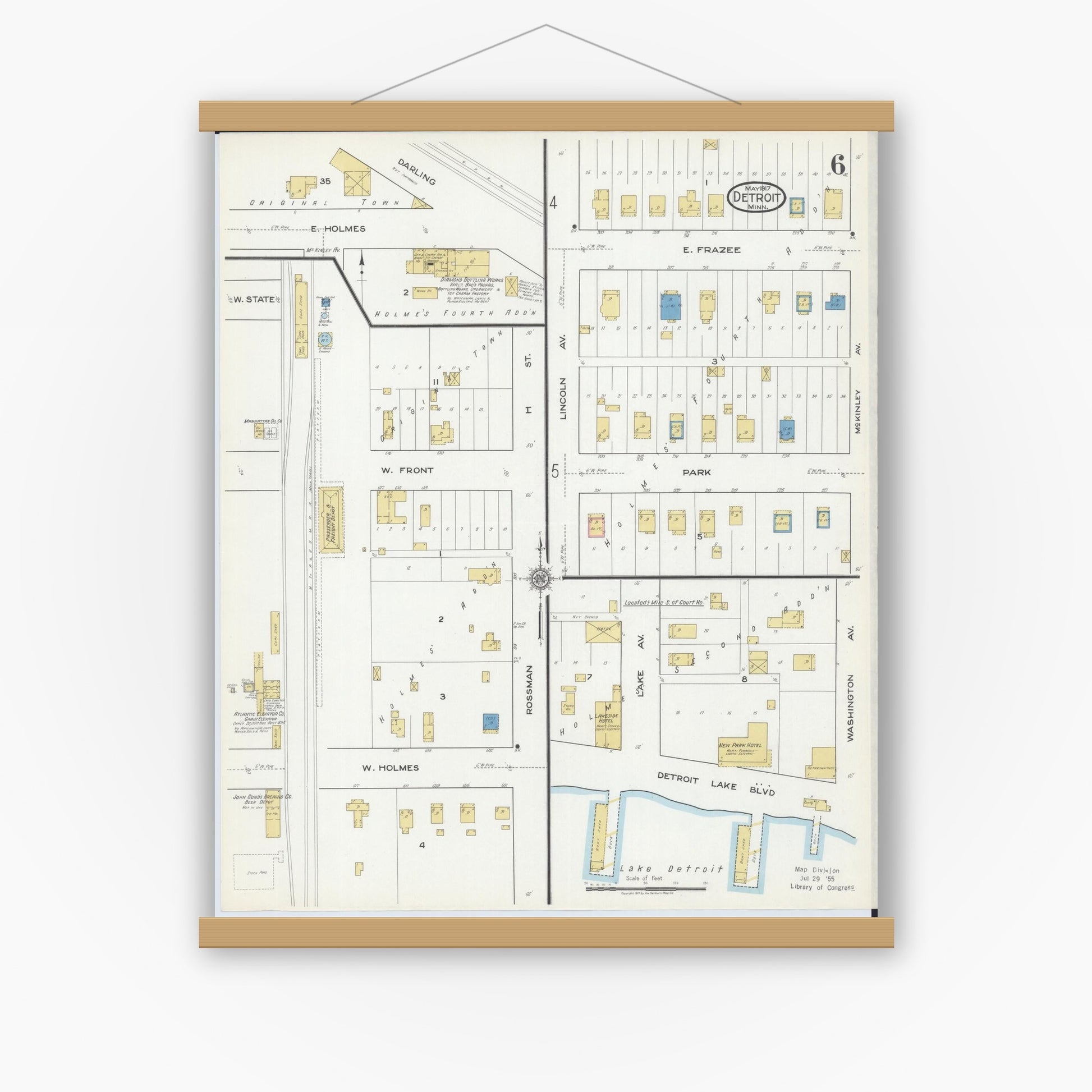 Old map wall art mockup — magnetic wood frame on white wall — Sanborn Fire Insurance Map from Detroit Lakes, Becker County, Minnesota (1917), Sheet #0006