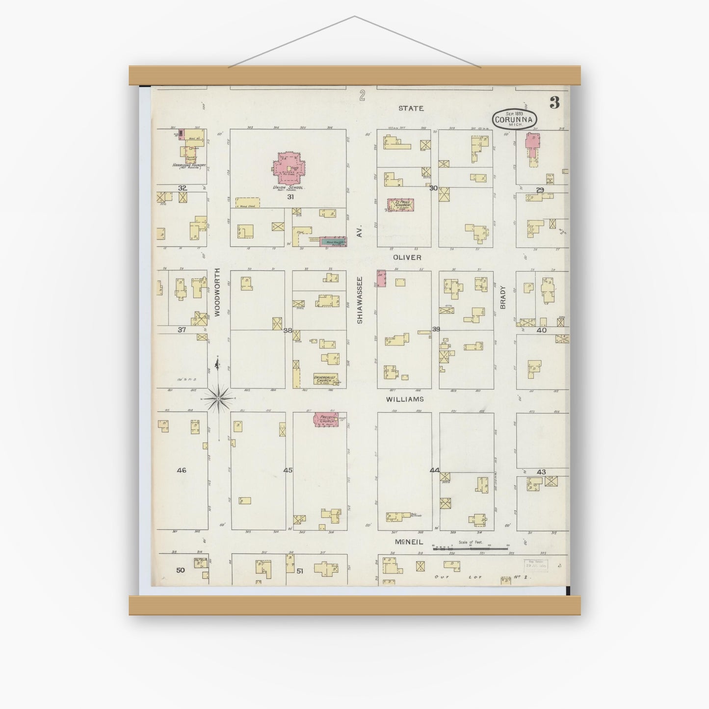 Old map wall art mockup — magnetic wood frame on white wall — Sanborn Fire Insurance Map from Corunna, Shiawassee County, Michigan (1893), Sheet #0003