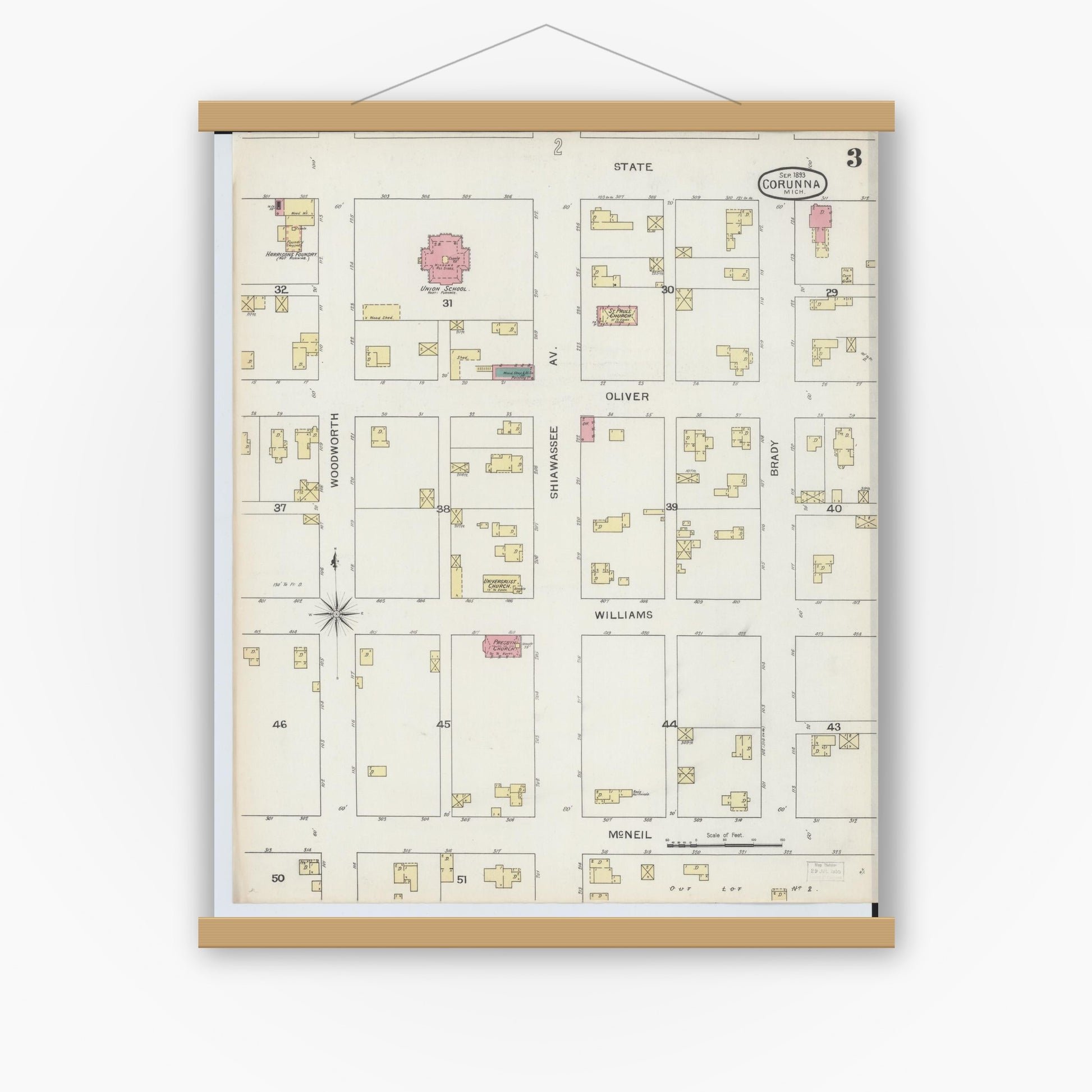 Old map wall art mockup — magnetic wood frame on white wall — Sanborn Fire Insurance Map from Corunna, Shiawassee County, Michigan (1893), Sheet #0003