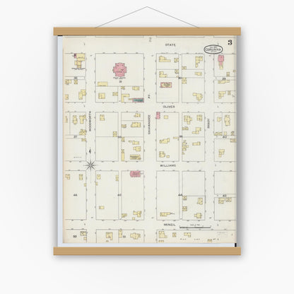 Old map wall art mockup — magnetic wood frame on white wall — Sanborn Fire Insurance Map from Corunna, Shiawassee County, Michigan (1893), Sheet #0003