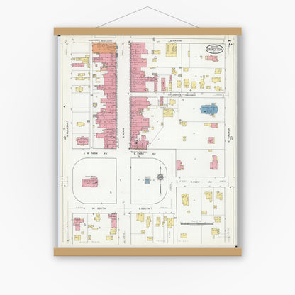 Old map wall art mockup — magnetic wood frame on white wall — Sanborn Fire Insurance Map from Princeton, Bureau County, Illinois (1918), Sheet #0007