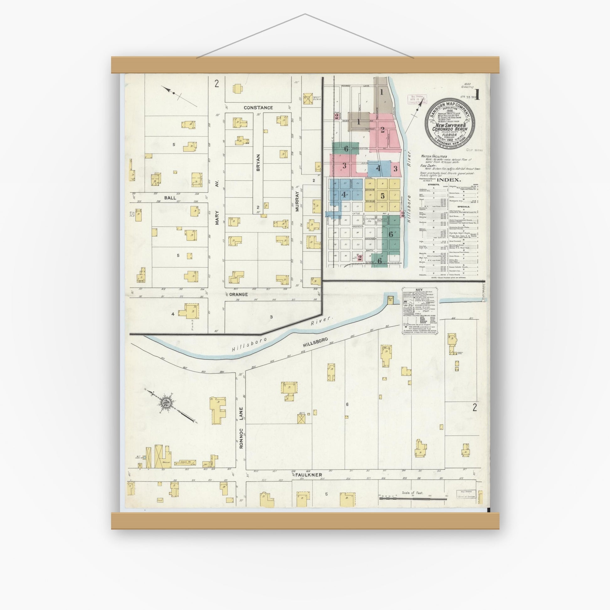 Old map wall art mockup — magnetic wood frame on white wall — Sanborn Fire Insurance Map from New Smyrna, Valusia County, Florida (1912), Sheet #0001