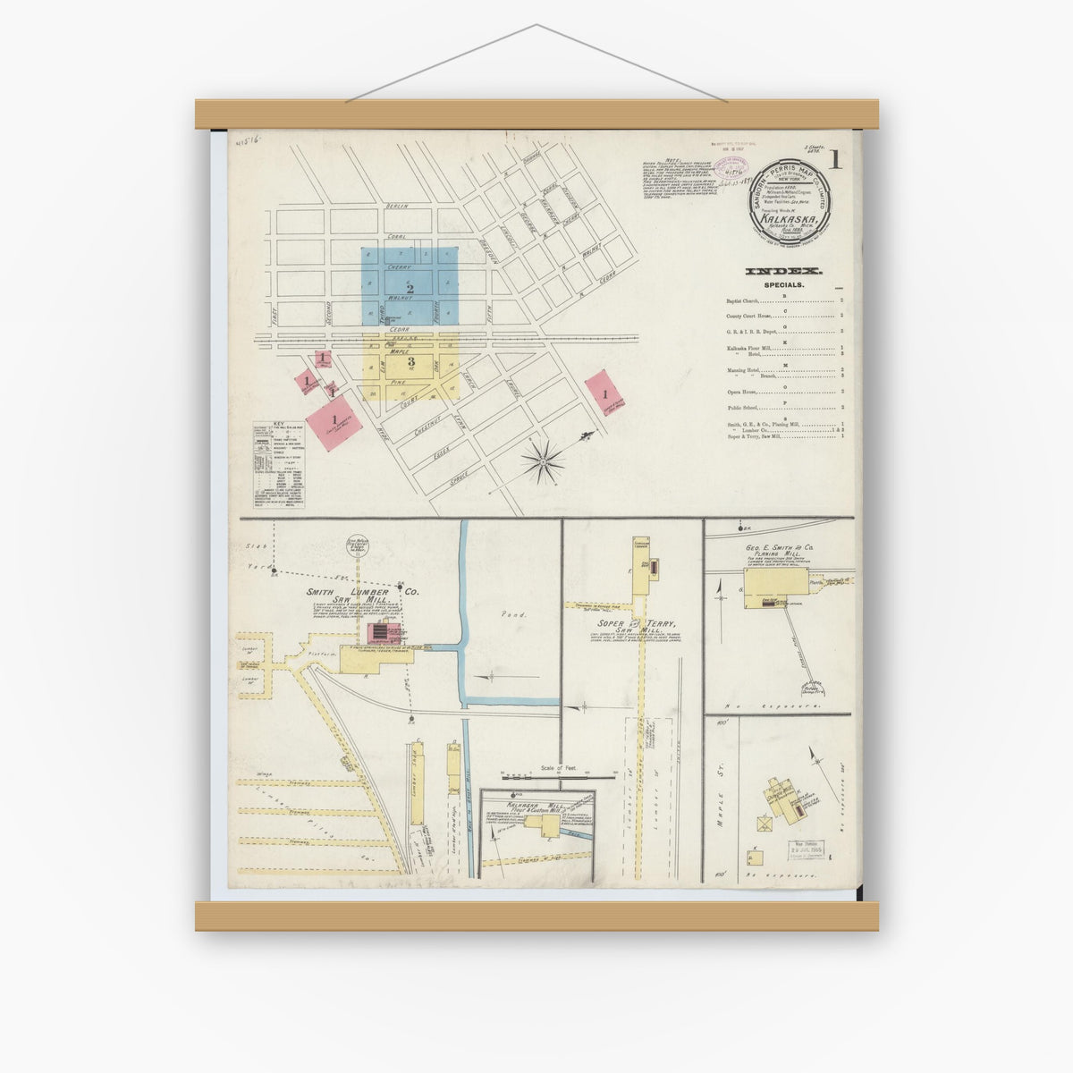 Old map wall art mockup — magnetic wood frame on white wall — Sanborn Fire Insurance Map from Kalkaska, Kalkaska County, Michigan (1893) - Complete Map Set