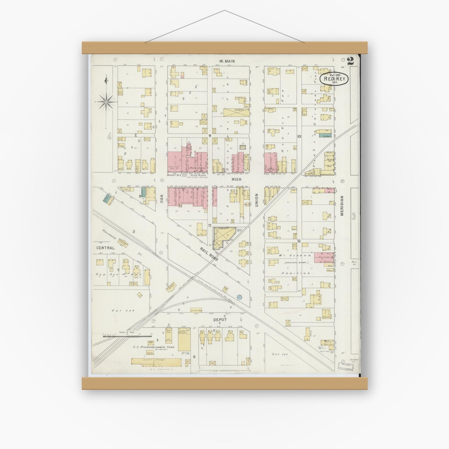 Old map wall art mockup — magnetic wood frame on white wall — Sanborn Fire Insurance Map from Redkey, Jay County, Indiana (1895), Sheet #0002