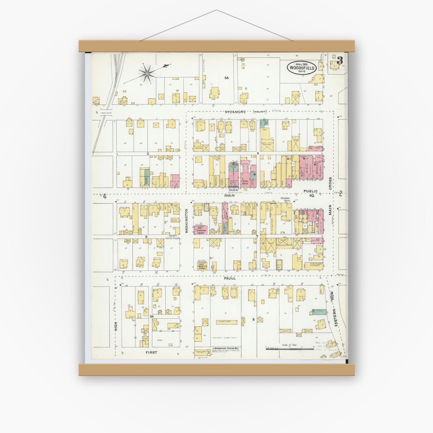 Old map wall art mockup — magnetic wood frame on white wall — Sanborn Fire Insurance Map from Woodsfield, Monroe County, Ohio (1905), Sheet #0003