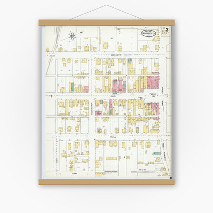 Old map wall art mockup — magnetic wood frame on white wall — Sanborn Fire Insurance Map from Woodsfield, Monroe County, Ohio (1905), Sheet #0003