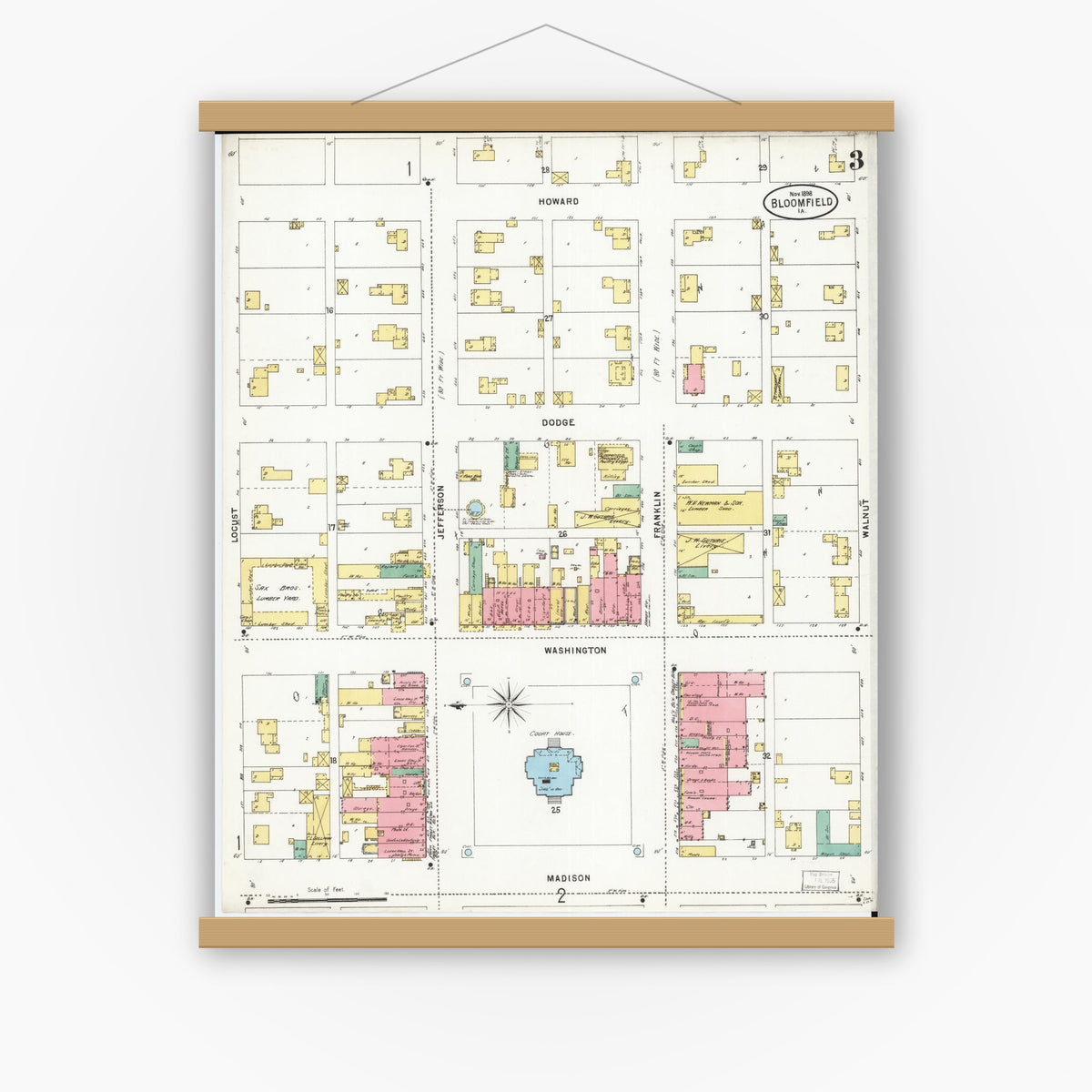 Old map wall art mockup — magnetic wood frame on white wall — Sanborn Fire Insurance Map from Bloomfield, Davis County, Iowa (1898), Sheet #0003