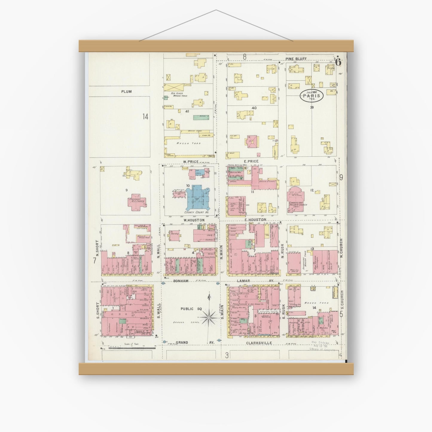 Old map wall art mockup — magnetic wood frame on white wall — Sanborn Fire Insurance Map from Paris, Lamar County, Texas (1897), Sheet #0006
