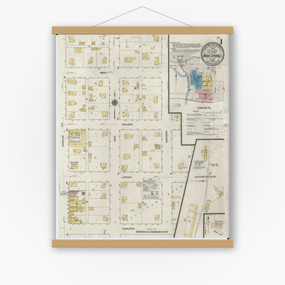 Old map wall art mockup — magnetic wood frame on white wall — Sanborn Fire Insurance Map from Nora Springs, Floyd County, Iowa (1910) â€” Complete Set