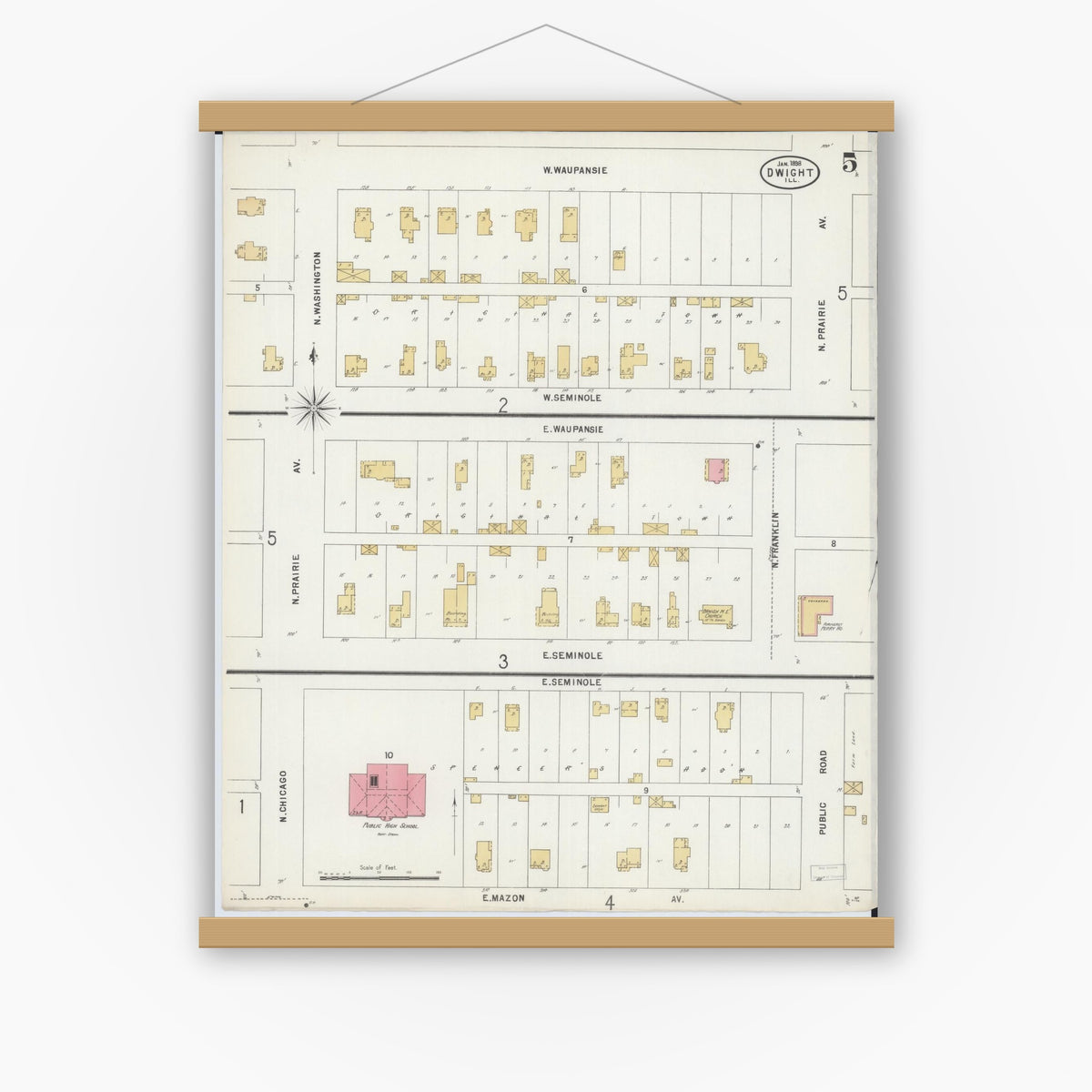Old map wall art mockup — magnetic wood frame on white wall — Sanborn Fire Insurance Map from Dwight, Livingston County, Illinois (1898), Sheet #0005