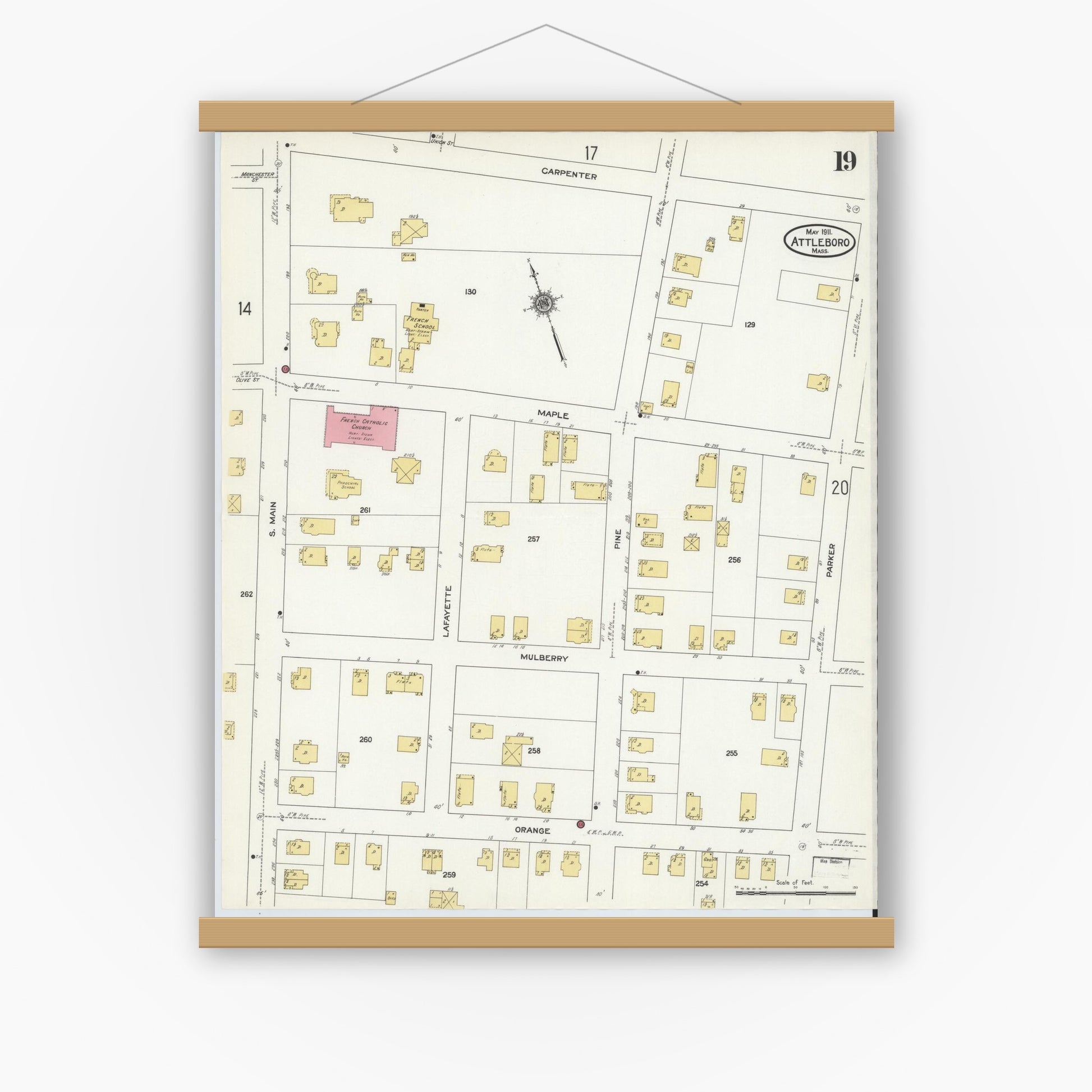 Old map wall art mockup — magnetic wood frame on white wall — Sanborn Fire Insurance Map from Attleboro, Bristol County, Massachusetts (1911), Sheet #0019