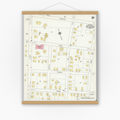 Old map wall art mockup — magnetic wood frame on white wall — Sanborn Fire Insurance Map from Attleboro, Bristol County, Massachusetts (1911), Sheet #0019