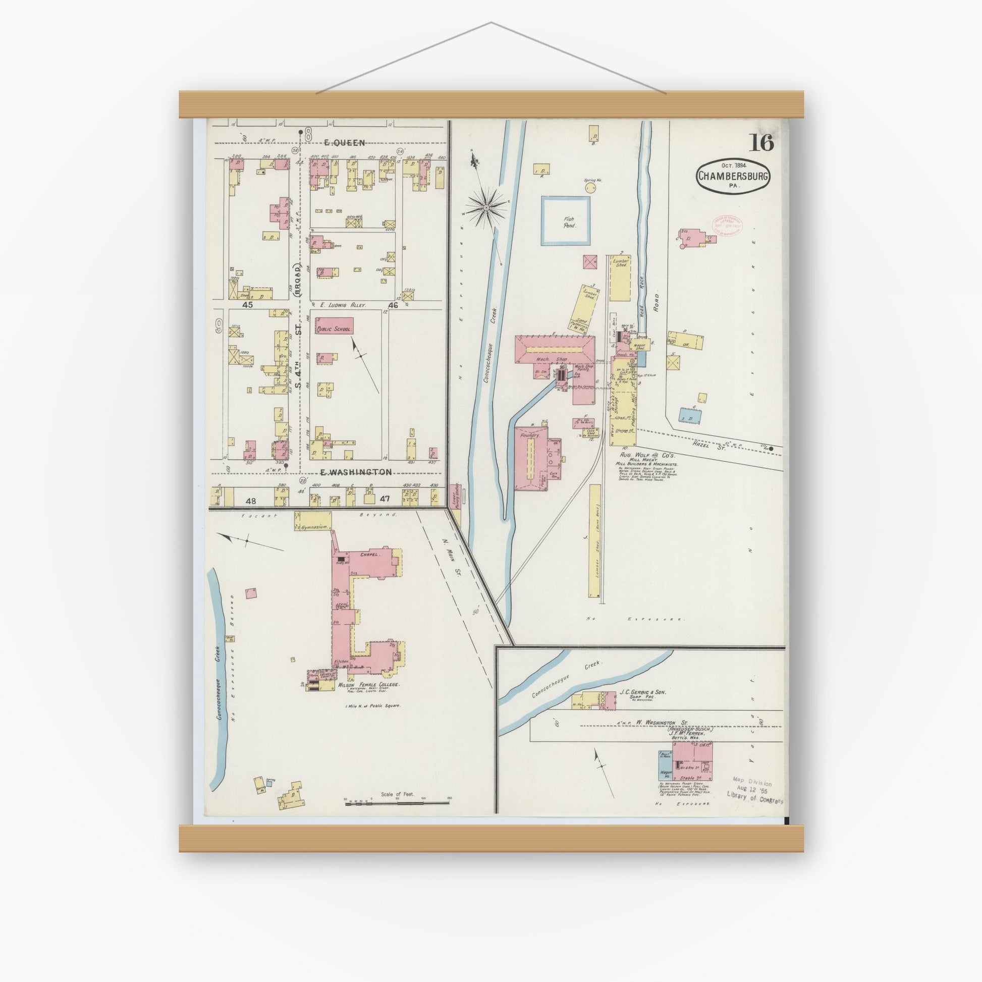 Old map wall art mockup — magnetic wood frame on white wall — Sanborn Fire Insurance Map from Chambersburg, Franklin County, Pennsylvania (1894), Sheet #0016