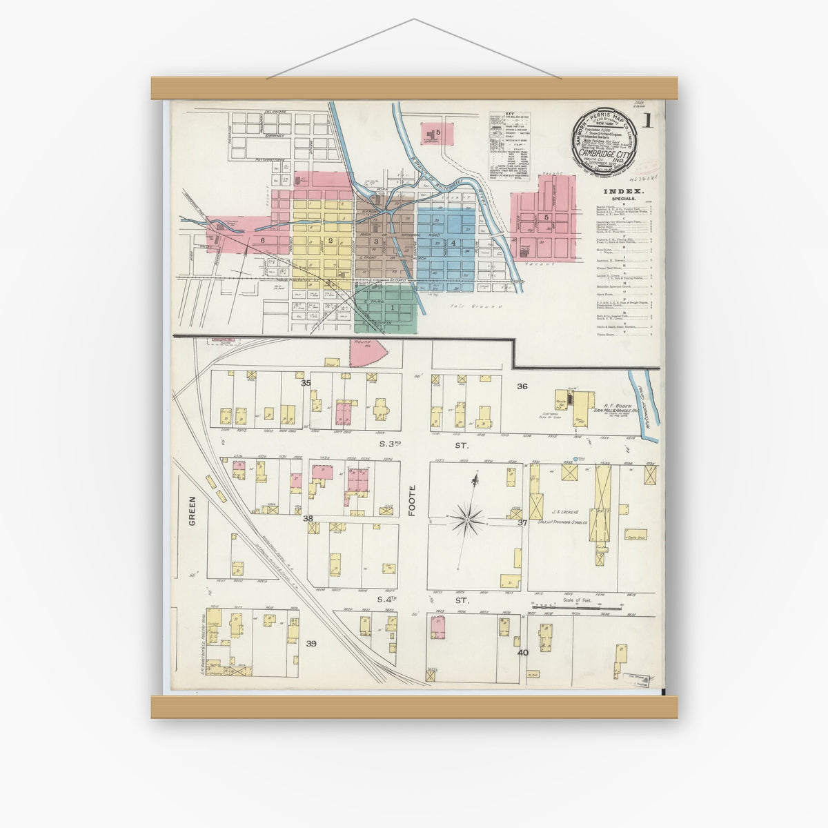 Old map wall art mockup — magnetic wood frame on white wall — Sanborn Fire Insurance Map from Cambridge City, Wayne County, Indiana (1892), Sheet #0001