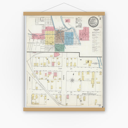 Old map wall art mockup — magnetic wood frame on white wall — Sanborn Fire Insurance Map from Cambridge City, Wayne County, Indiana (1892), Sheet #0001