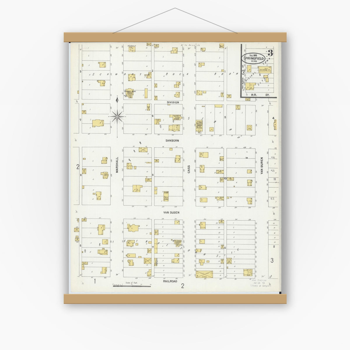 Old map wall art mockup — magnetic wood frame on white wall — Sanborn Fire Insurance Map from Springfield, Brown County, Minnesota (1899), Sheet #0003